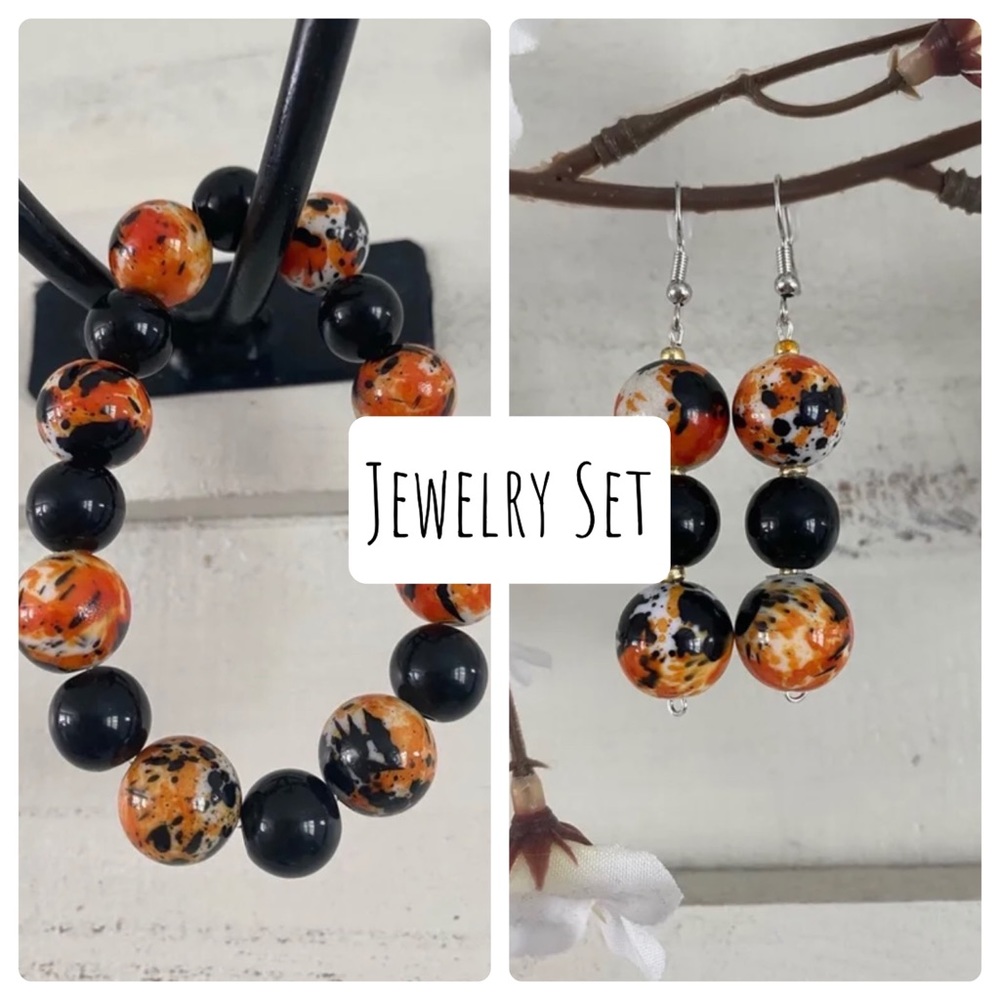 Jewelry Set Bracelet Earrings Tiger Print Orange